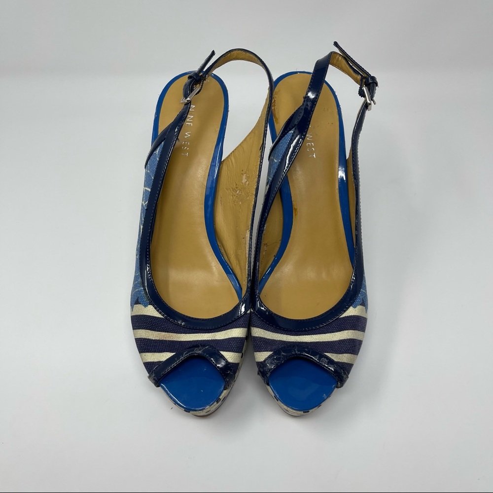 Nine West Blue Patterned Cork Heel Slingback Peep Toe Pumps Size 10 - Picture 2 of 8